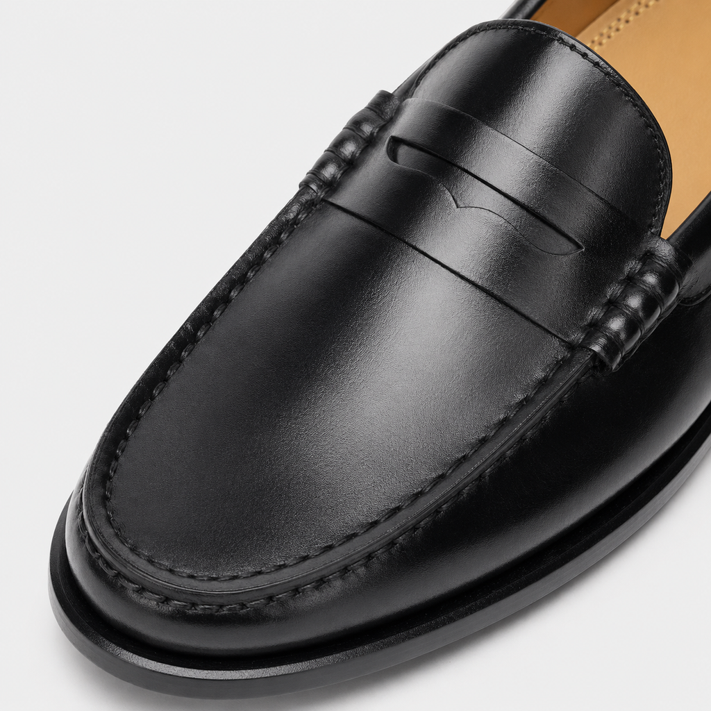 Mens Black Genuine Leather Penny Loafers – Slip-On Business Dress Wedding Office Shoes