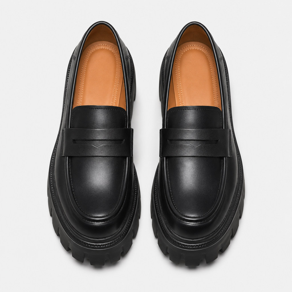 Womens Black Genuine Leather Platform Loafers – Chunky Sole Round Toe Slip-On Shoes