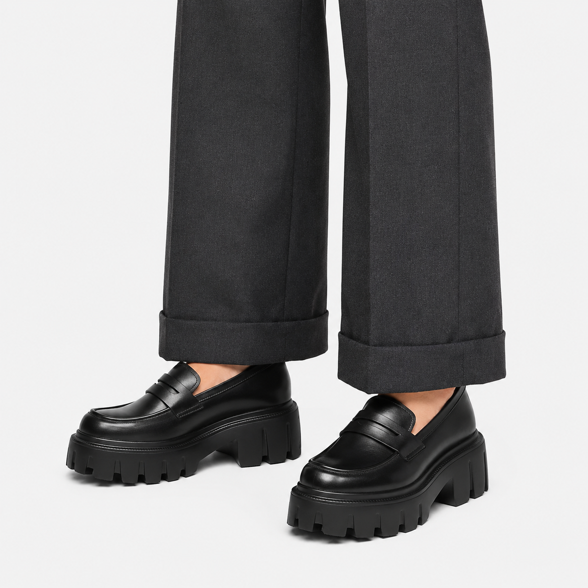 Womens Black Genuine Leather Platform Loafers – Chunky Sole Round Toe Slip-On Shoes