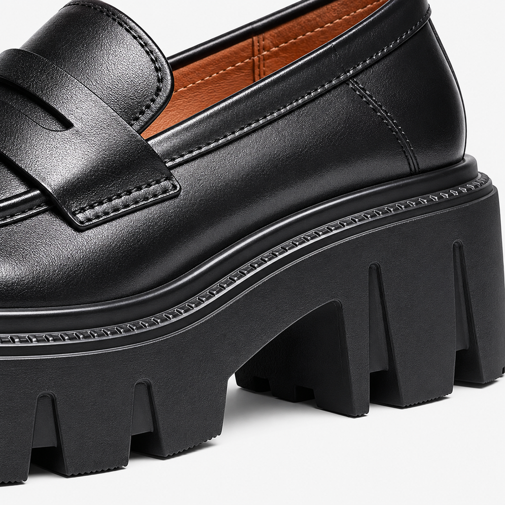 Womens Black Genuine Leather Platform Loafers – Chunky Sole Round Toe Slip-On Shoes