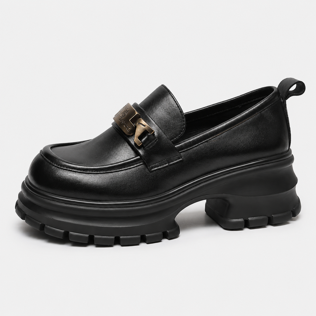 Women's Black Genuine Leather Platform Loafers – Black Thick Sole Casual Office Flat Shoes