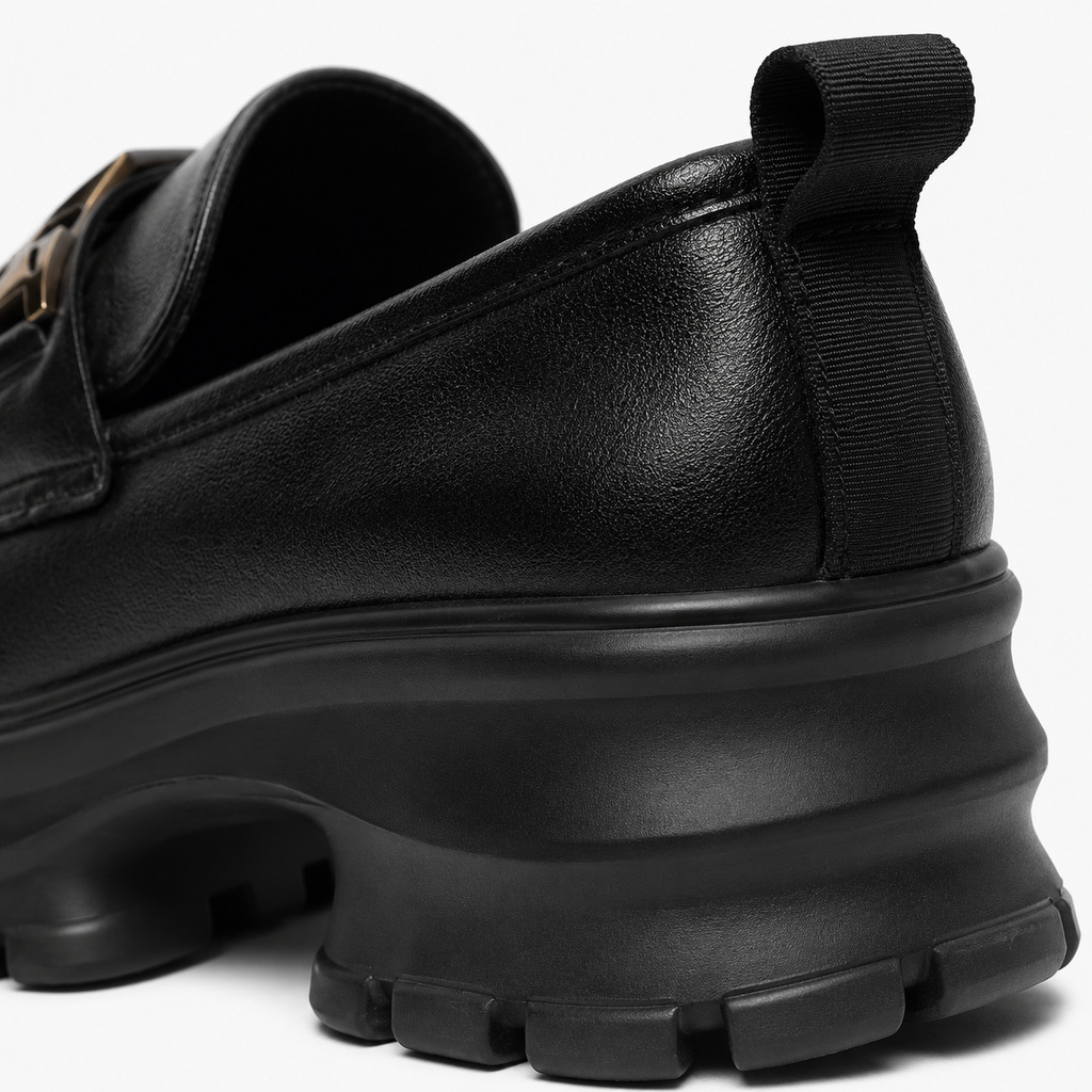 Women's Black Genuine Leather Platform Loafers – Black Thick Sole Casual Office Flat Shoes