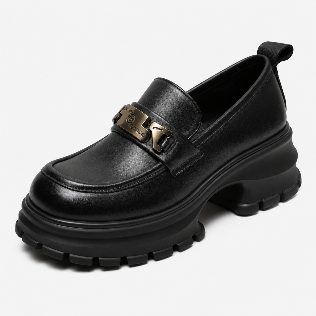Women's Black Genuine Leather Platform Loafers – Black Thick Sole Casual Office Flat Shoes