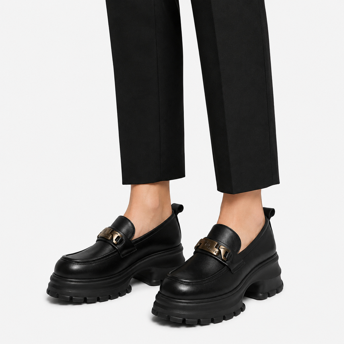 Women's Black Genuine Leather Platform Loafers – Black Thick Sole Casual Office Flat Shoes