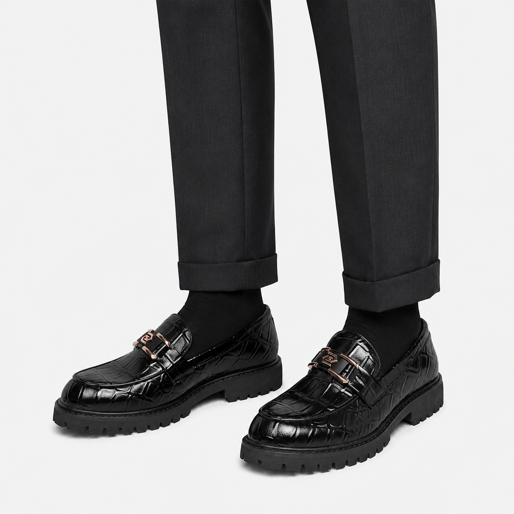 Men's Patent Leather Platform Loafers – Black Thick Sole Formal Business Wedding Shoes