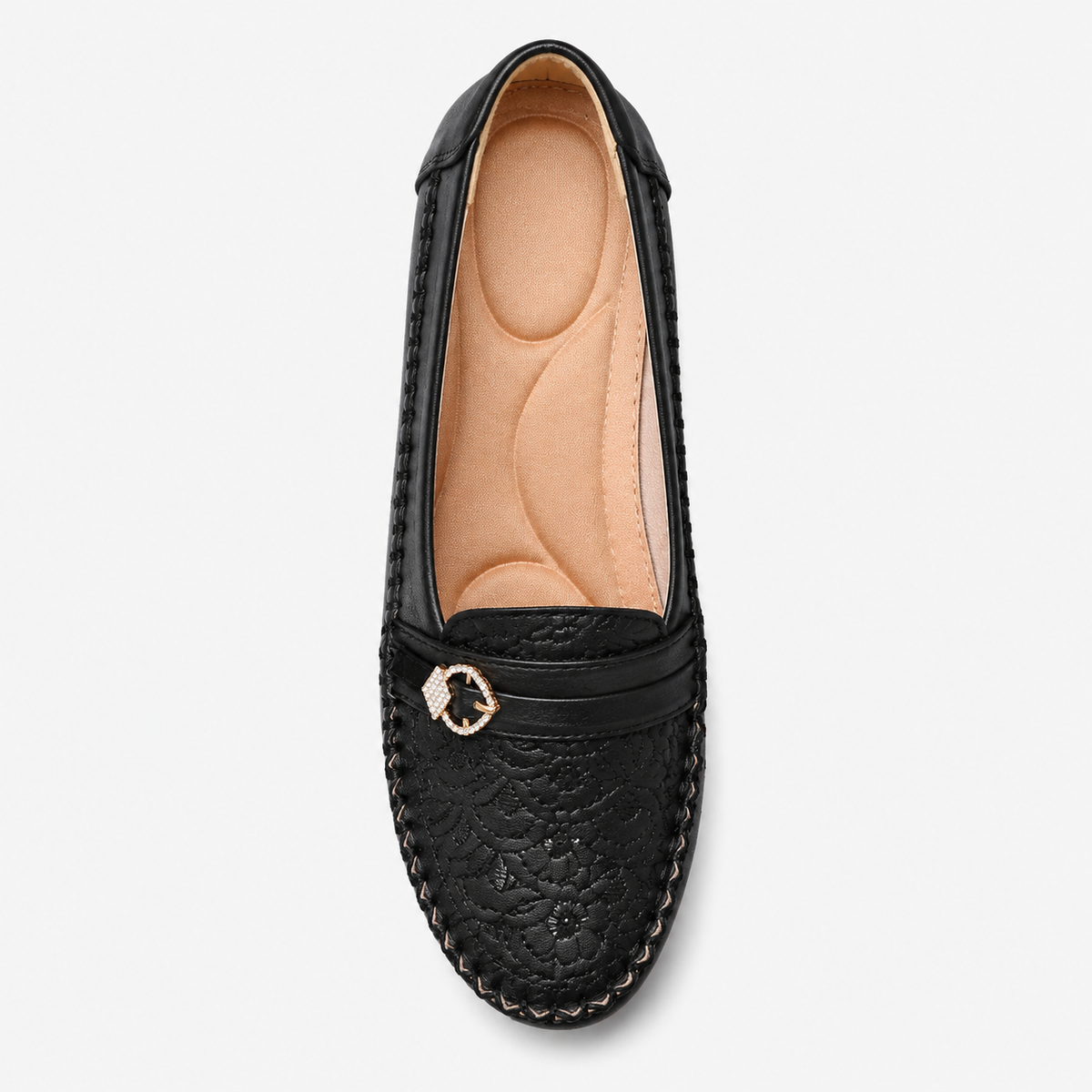 Women's Embroidered Slip-On Loafers – Black Lightweight Wide Fit Breathable Flat Shoes