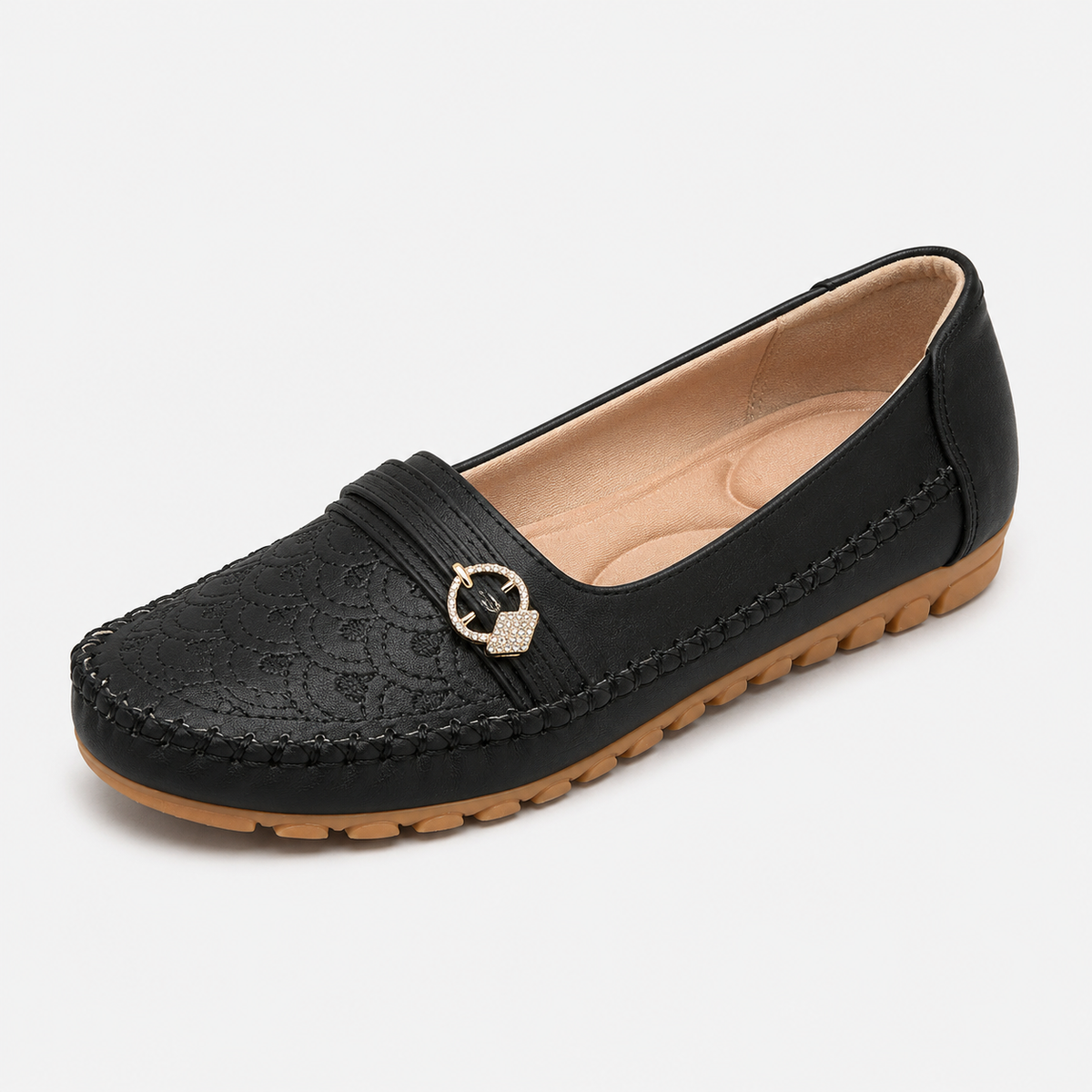 Women's Embroidered Slip-On Loafers – Black Lightweight Wide Fit Breathable Flat Shoes