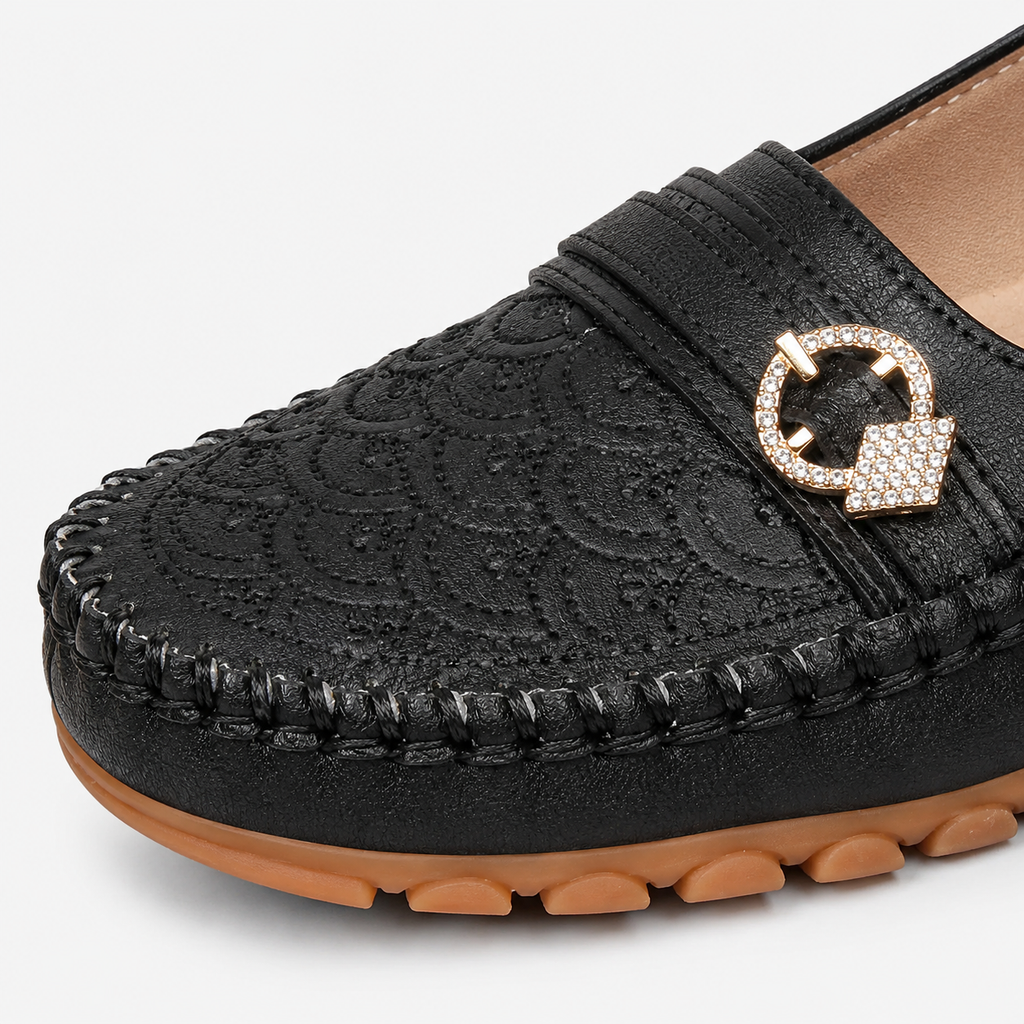 Women's Embroidered Slip-On Loafers – Black Lightweight Wide Fit Breathable Flat Shoes
