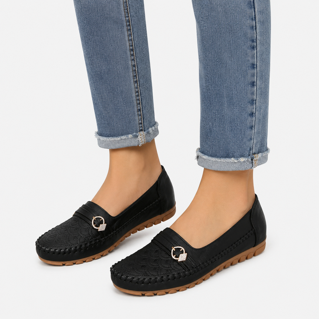 Women's Embroidered Slip-On Loafers – Black Lightweight Wide Fit Breathable Flat Shoes