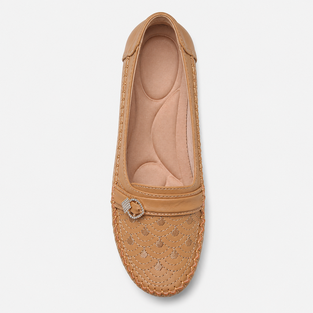 Women's Embroidered Slip-On Loafers – Brown Lightweight Wide Fit Breathable Flat Shoes