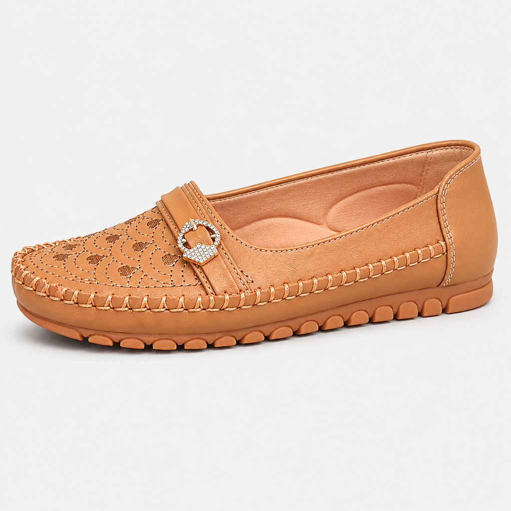 Women's Embroidered Slip-On Loafers – Brown Lightweight Wide Fit Breathable Flat Shoes