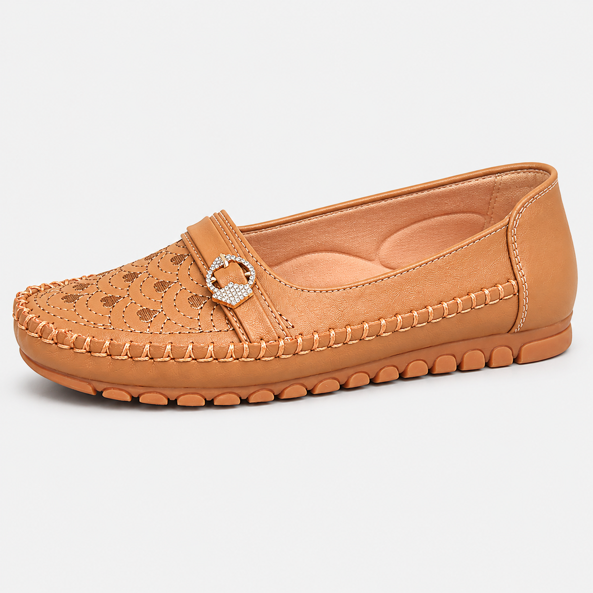 Women's Embroidered Slip-On Loafers – Brown Lightweight Wide Fit Breathable Flat Shoes