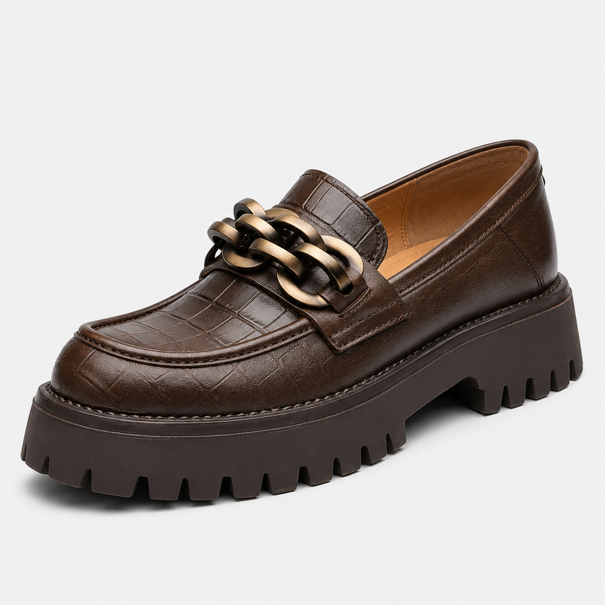Women's Platform Loafers – Brown Genuine Leather Chain Slip-On Shoes