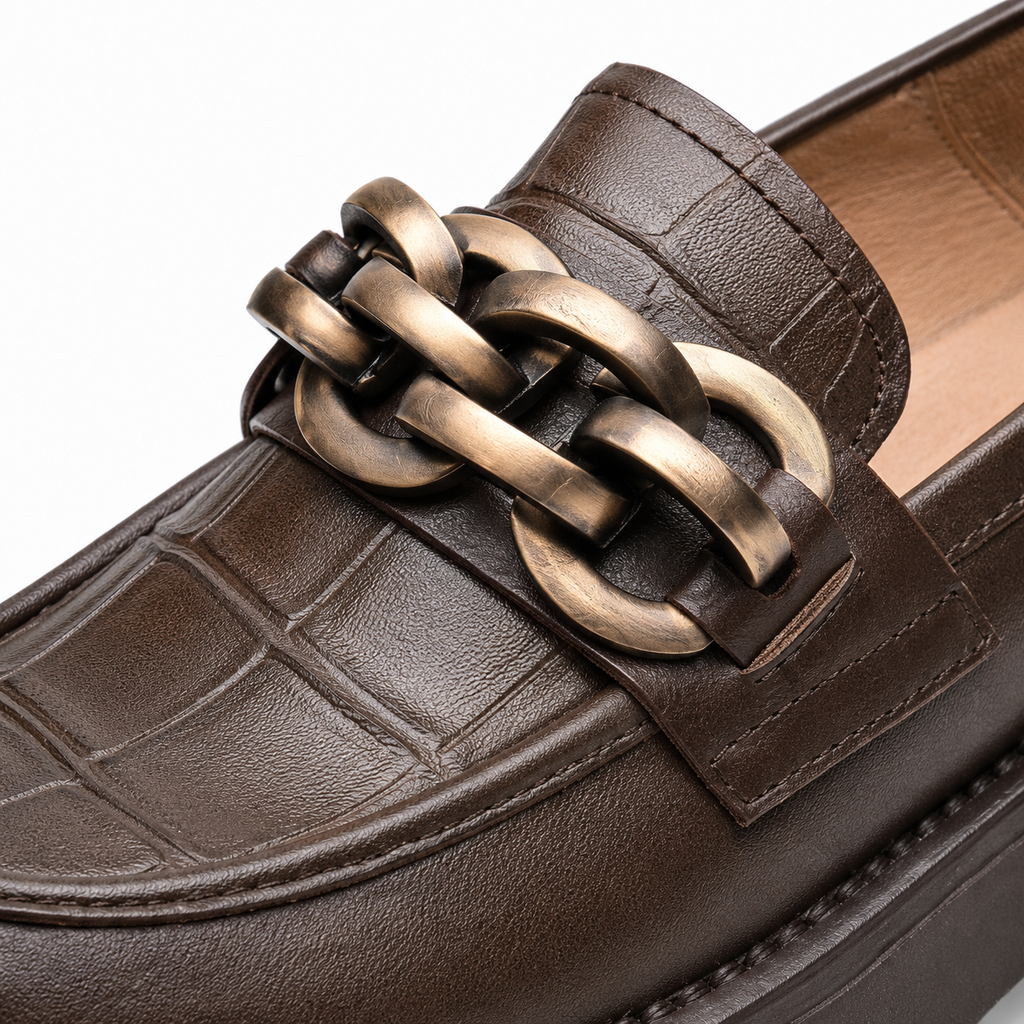 Women's Platform Loafers – Brown Genuine Leather Chain Slip-On Shoes