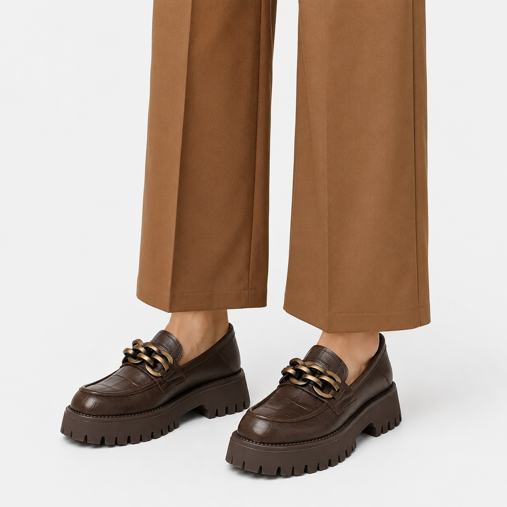 Women's Platform Loafers – Brown Genuine Leather Chain Slip-On Shoes
