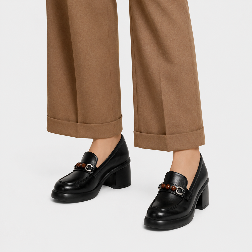 Women's Black Chunky Heel Loafers – Beaded Buckle Leather Dress Shoes for Ladies