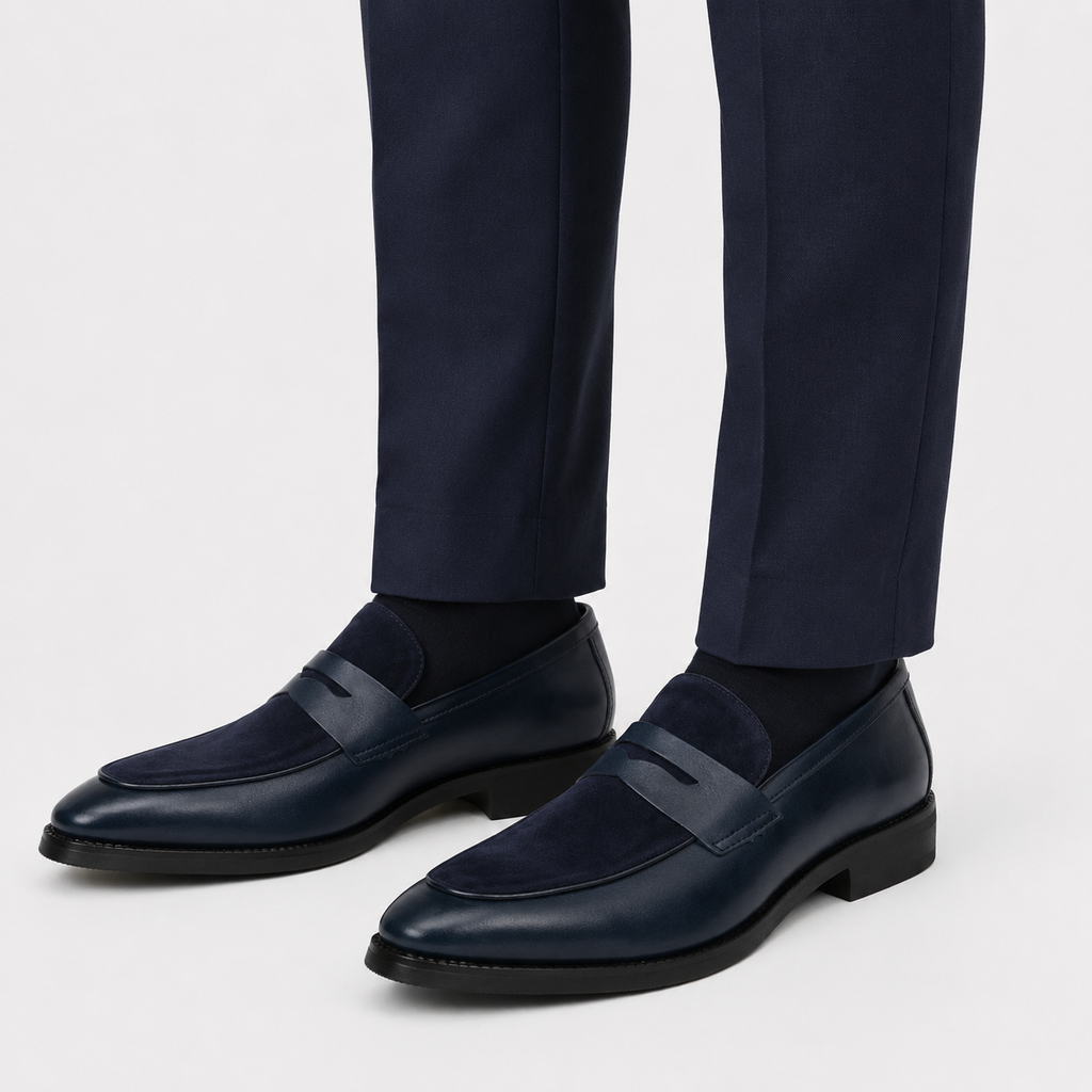 Mens Navy Blue Pointed Suede Slip-On Loafers – Frosted Chelsea Style