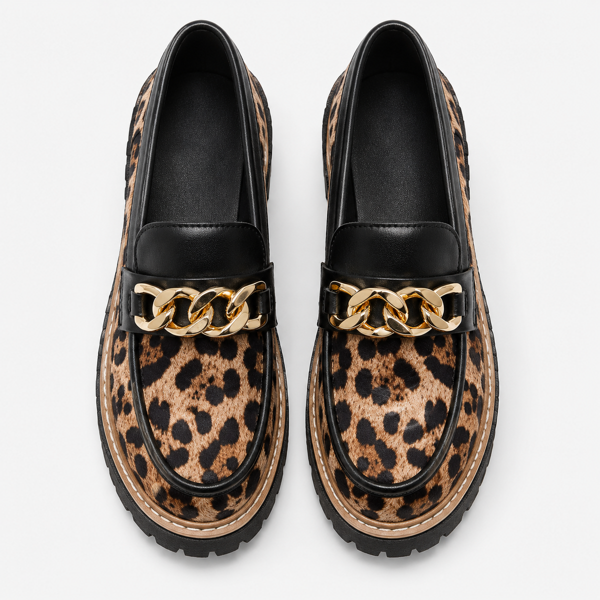 Womens Leopard Suede Chunky Loafers – Metal Decoration Round Toe Casual Flat Shoes