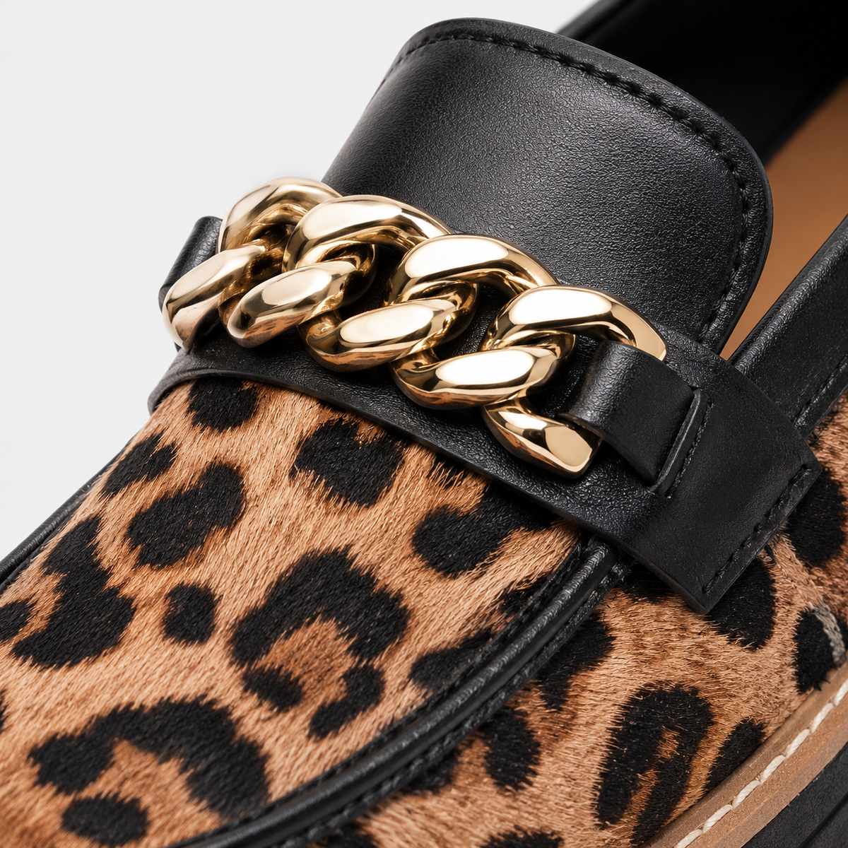 Womens Leopard Suede Chunky Loafers – Metal Decoration Round Toe Casual Flat Shoes