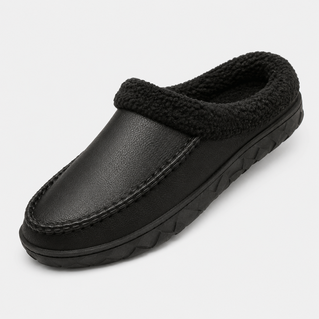 Mens Black Winter Plush Warm Slippers – Soft Sole Indoor Bedroom Comfort Cotton Slides