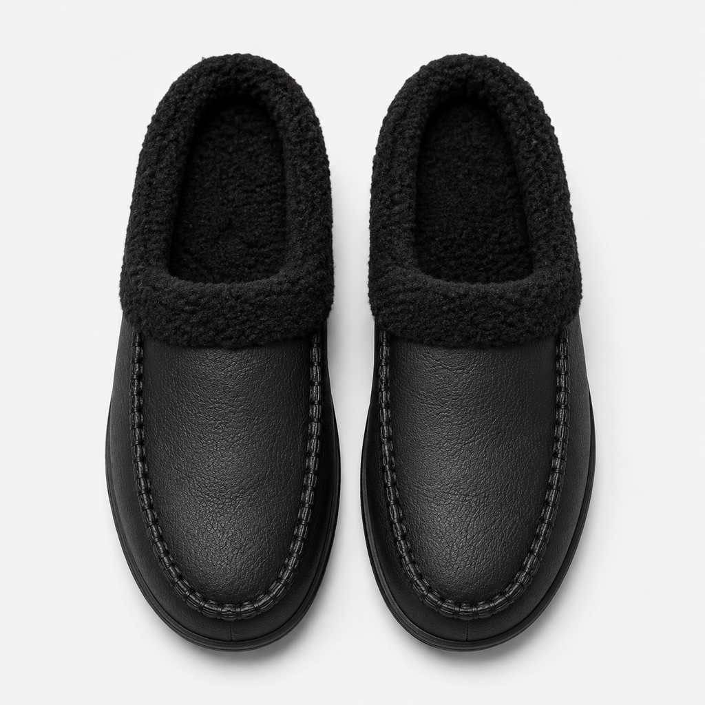 Mens Black Winter Plush Warm Slippers – Soft Sole Indoor Bedroom Comfort Cotton Slides