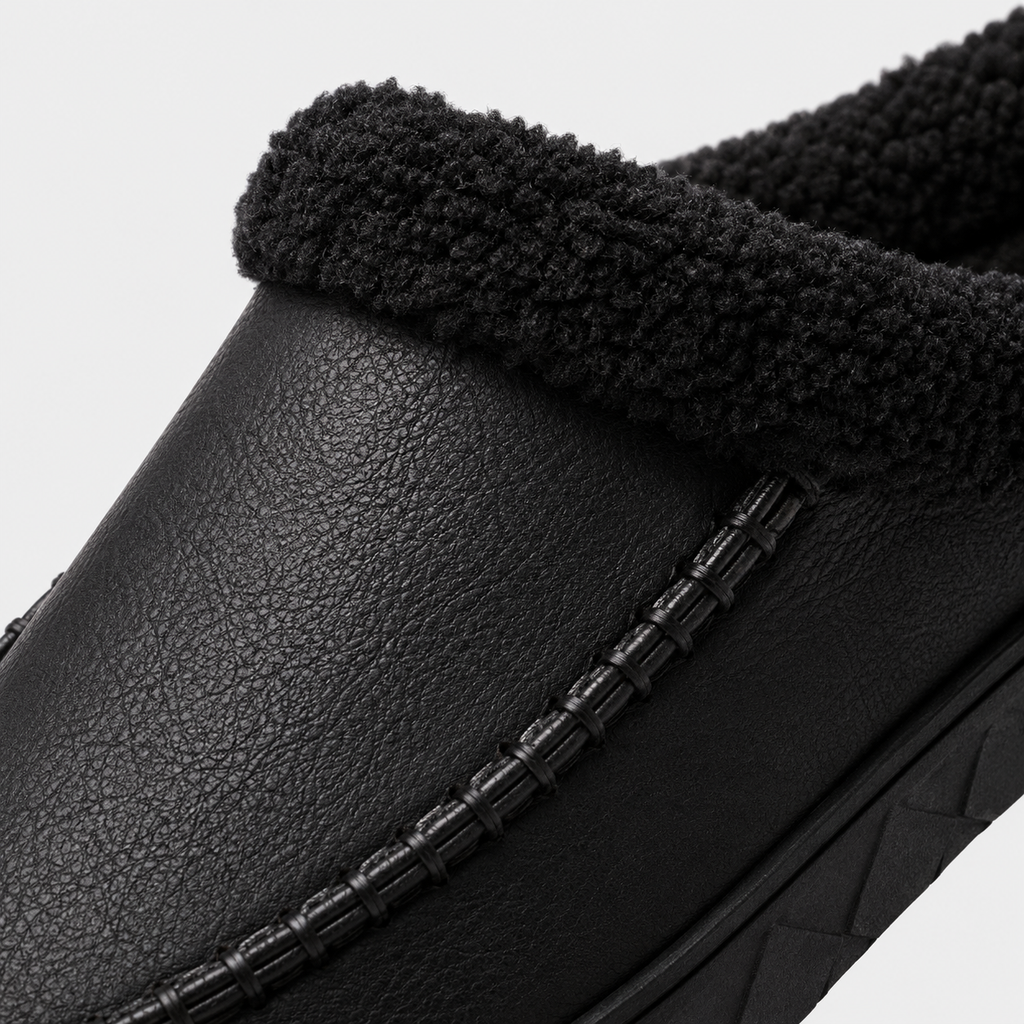 Mens Black Winter Plush Warm Slippers – Soft Sole Indoor Bedroom Comfort Cotton Slides