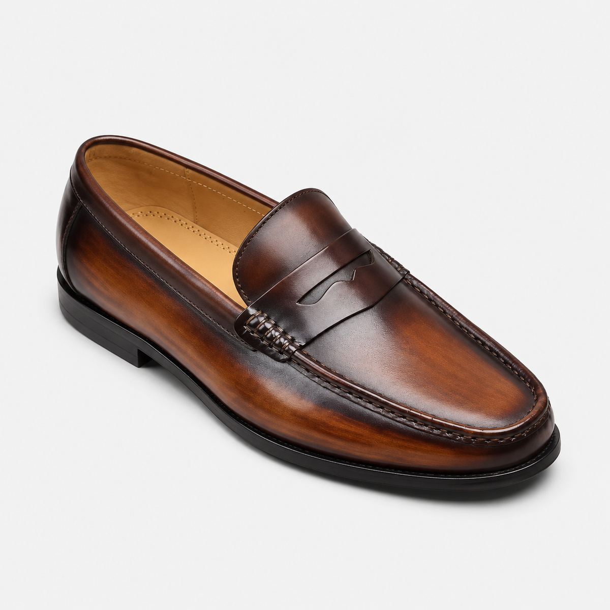 Mens Brown Genuine Leather Penny Loafers – Slip-On Business Dress Wedding Office Shoes