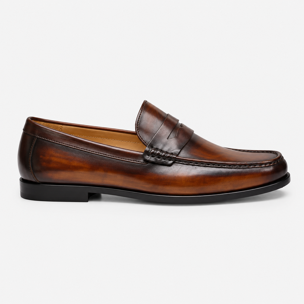 Mens Brown Genuine Leather Penny Loafers – Slip-On Business Dress Wedding Office Shoes
