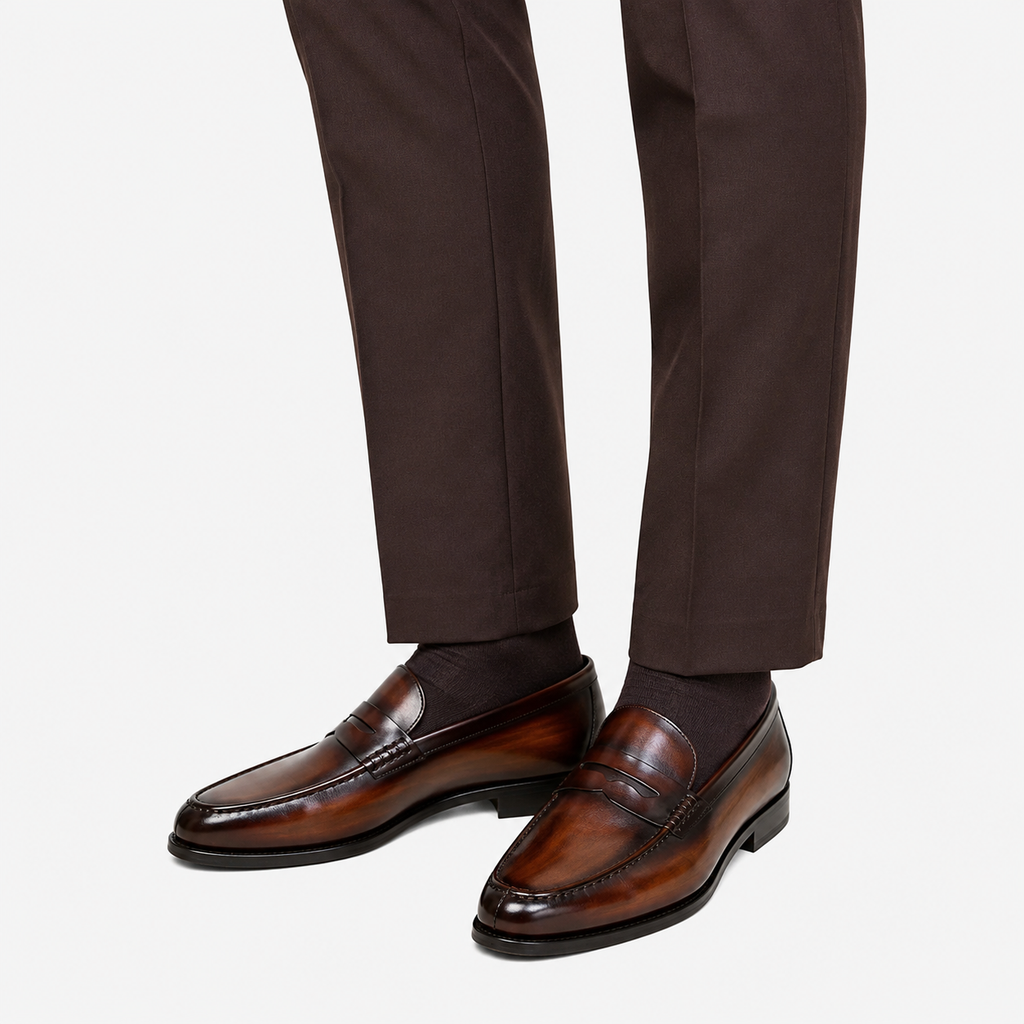 Mens Brown Genuine Leather Penny Loafers – Slip-On Business Dress Wedding Office Shoes