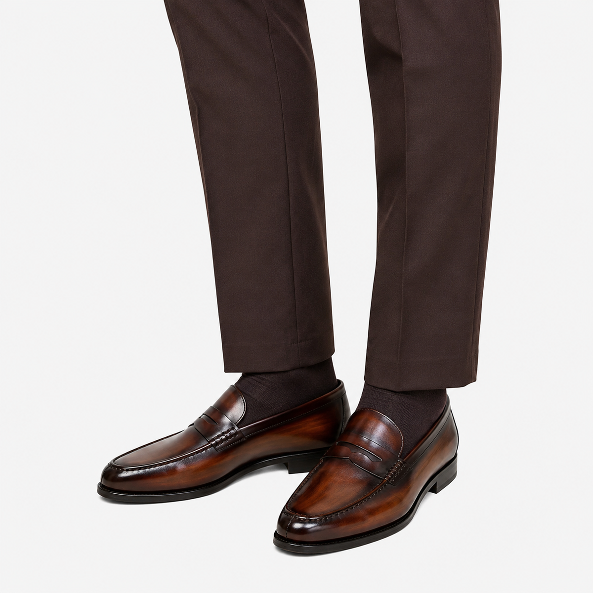 Mens Brown Genuine Leather Penny Loafers – Slip-On Business Dress Wedding Office Shoes