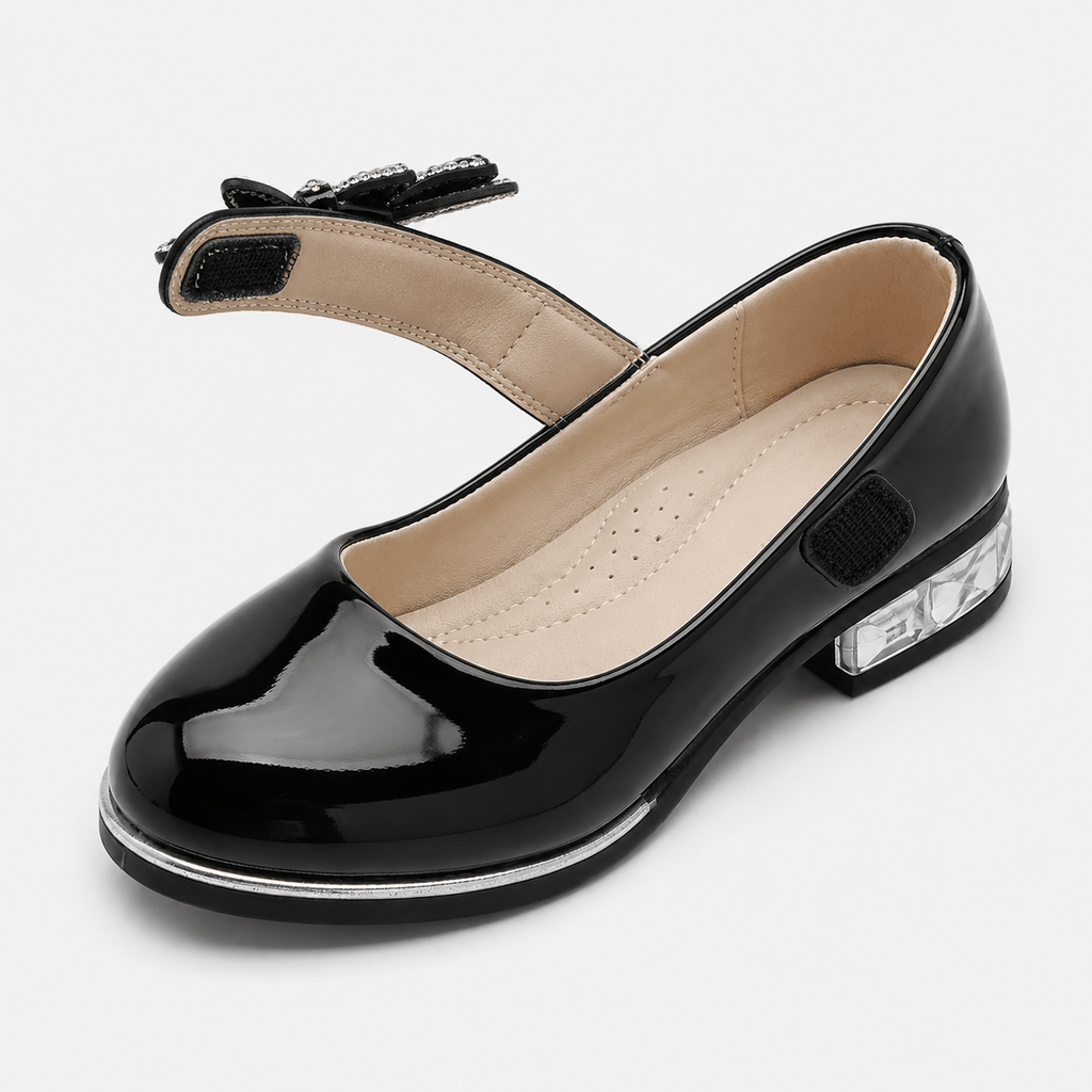 Ma boutique Girls Black Patent Leather High Heel Shoes – Butterfly Knot Dress Shoes for Kids
