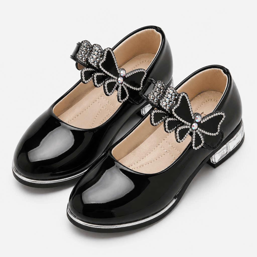 Ma boutique Girls Black Patent Leather High Heel Shoes – Butterfly Knot Dress Shoes for Kids
