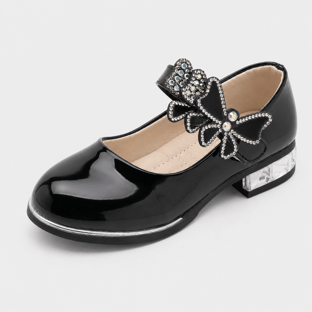 Ma boutique Girls Black Patent Leather High Heel Shoes – Butterfly Knot Dress Shoes for Kids