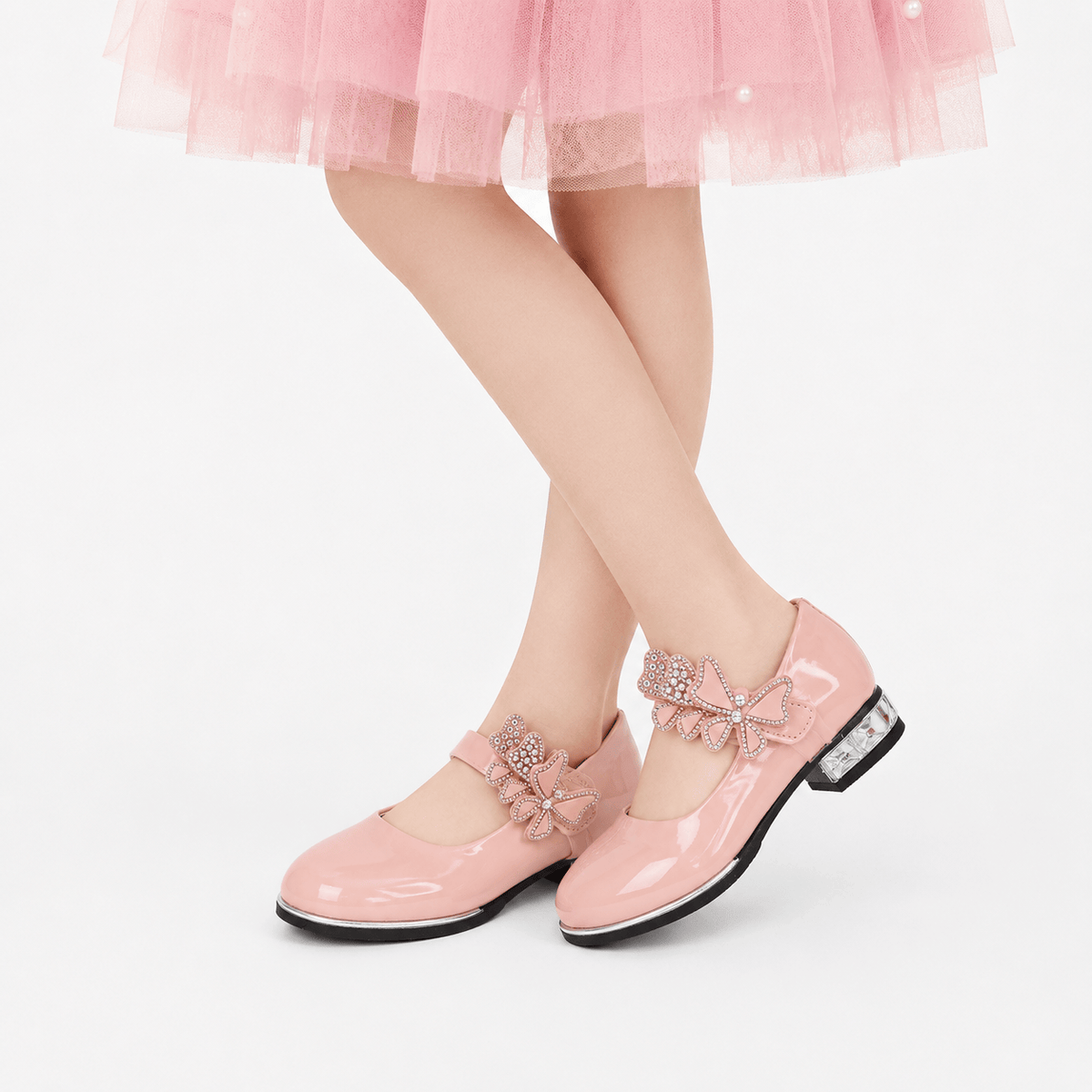 Ma boutique Girls Pink Patent Leather High Heel Shoes – Butterfly Knot Dress Shoes for Kids