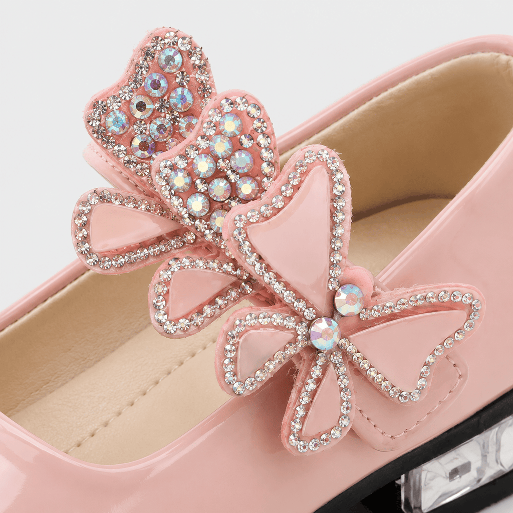 Ma boutique Girls Pink Patent Leather High Heel Shoes – Butterfly Knot Dress Shoes for Kids
