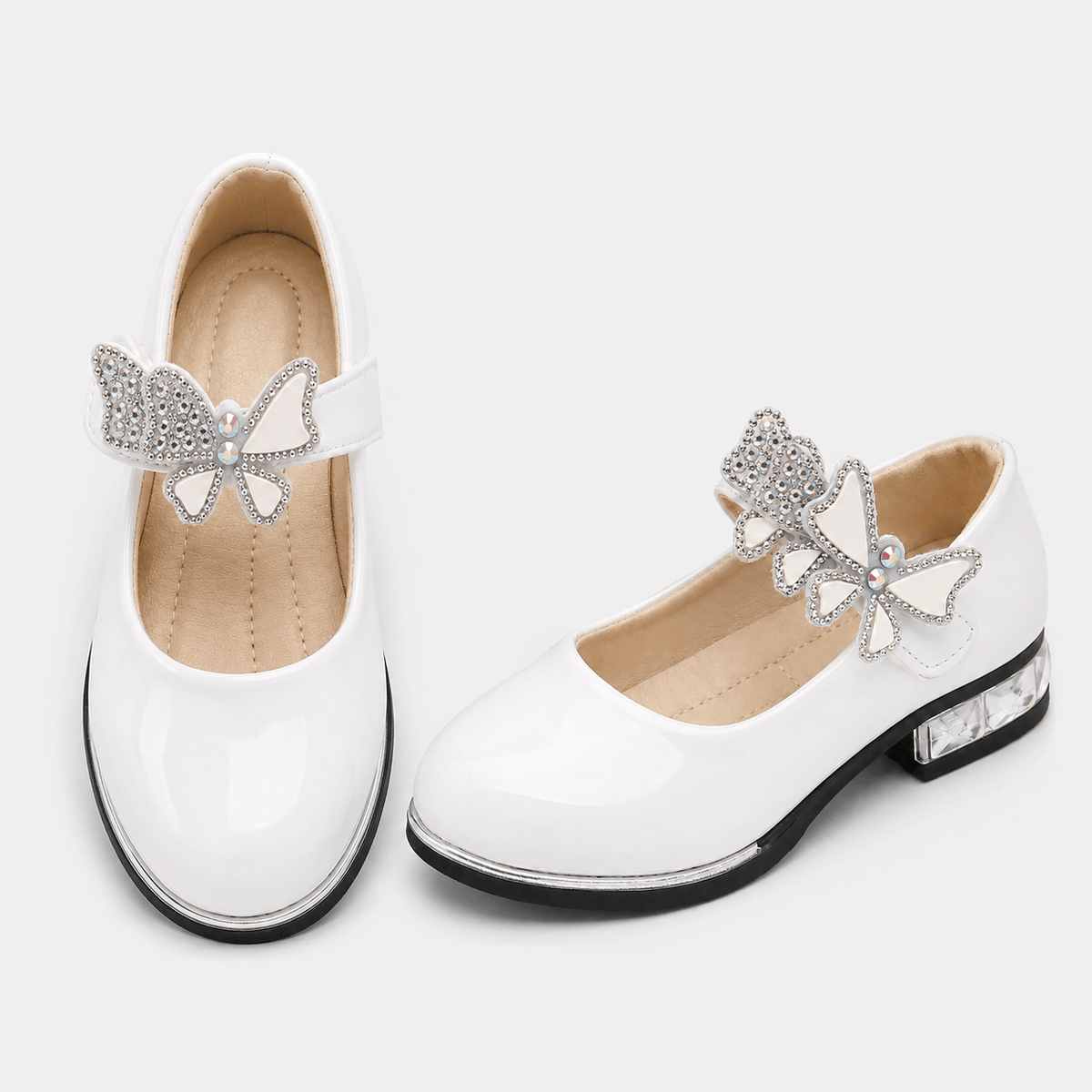 Ma boutique Girls White Patent Leather High Heel Shoes – Butterfly Knot Dress Shoes for Kids