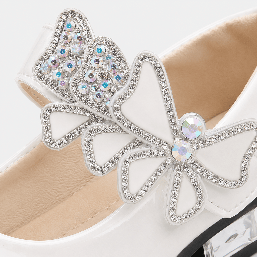 Ma boutique Girls White Patent Leather High Heel Shoes – Butterfly Knot Dress Shoes for Kids