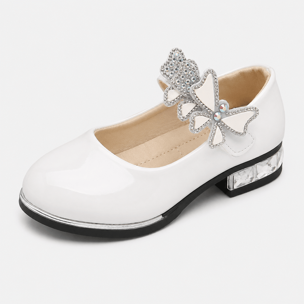 Ma boutique Girls White Patent Leather High Heel Shoes – Butterfly Knot Dress Shoes for Kids