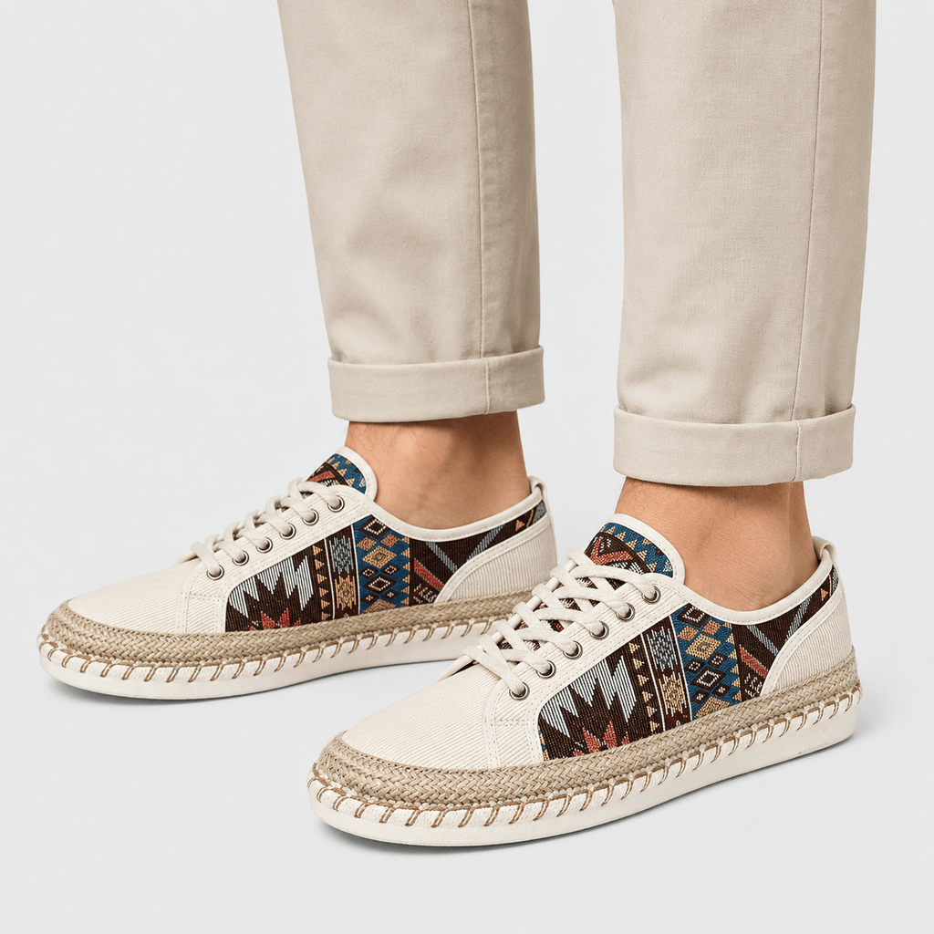 Ma boutique Mens Beige Canvas Lace-Up Loafers – Printed Casual Flat Fisherman Summer Shoes
