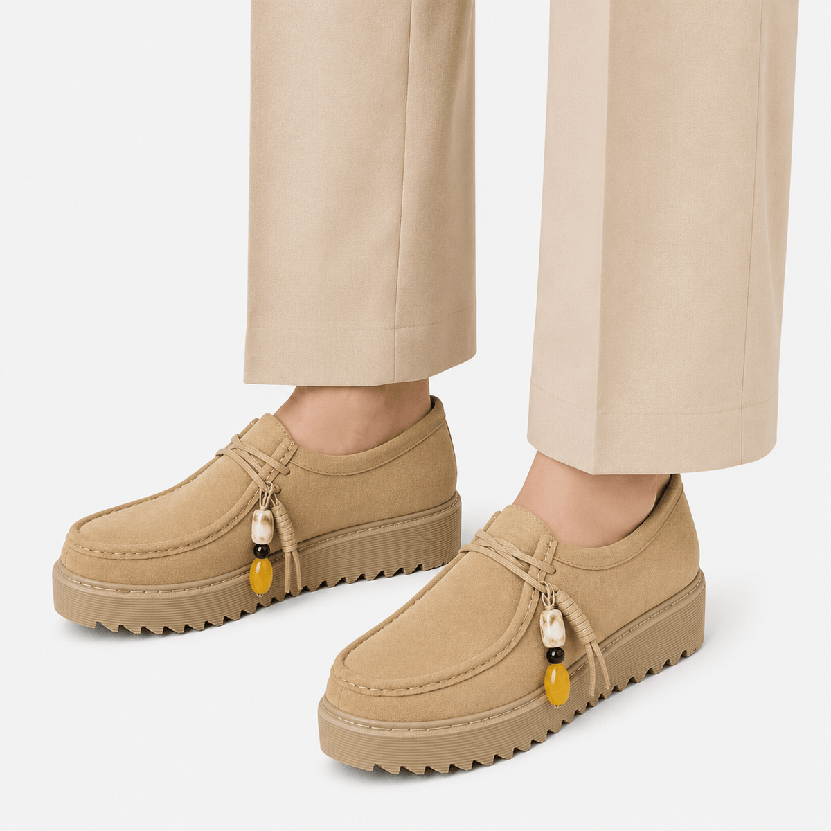 Ma boutique Mens Beige Suede Leather Platform Loafers – Designer Comfortable Casual Slip-On Shoes