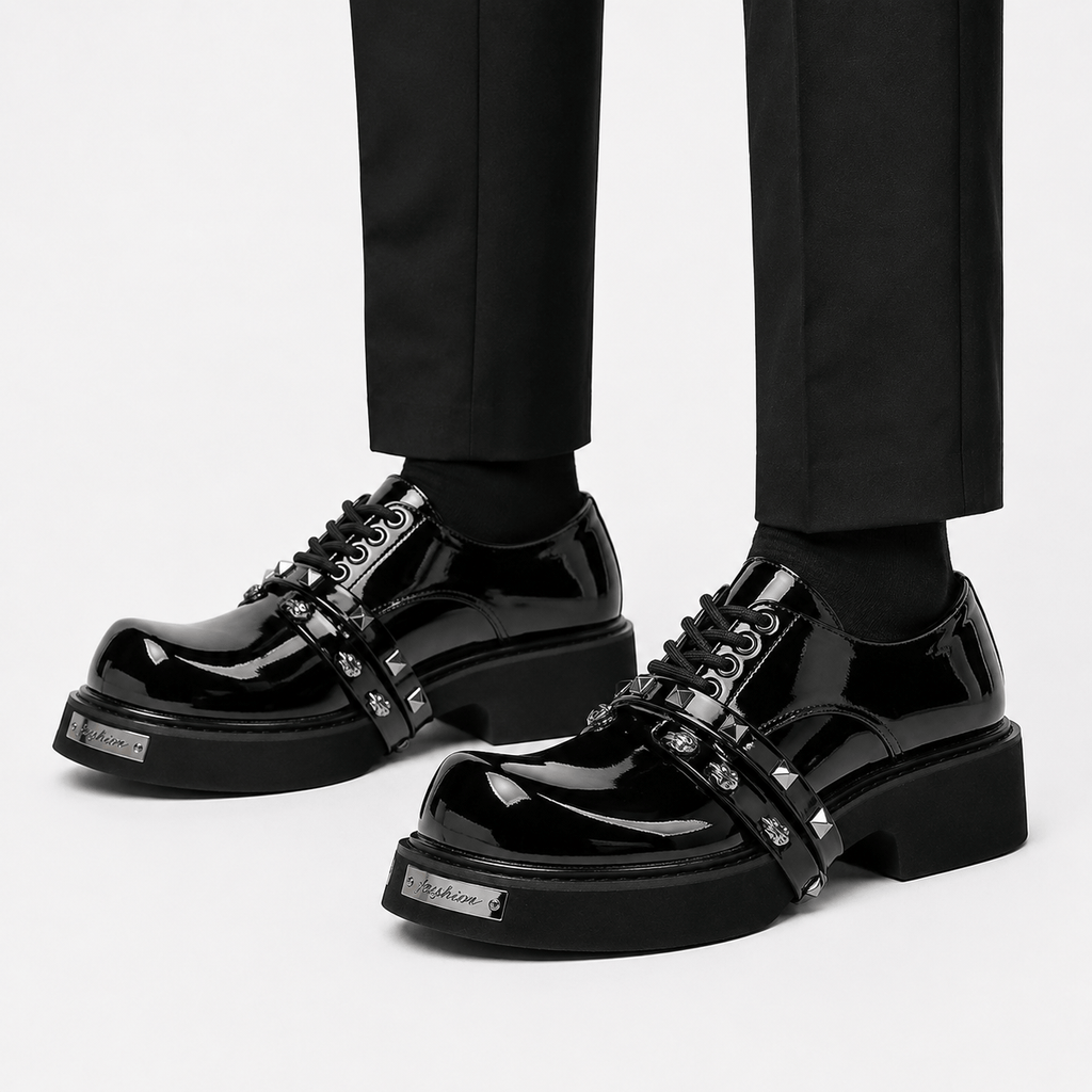 Ma boutique Mens Black Chunky Platform Loafers – Classic British Leather Business Oxford Shoes