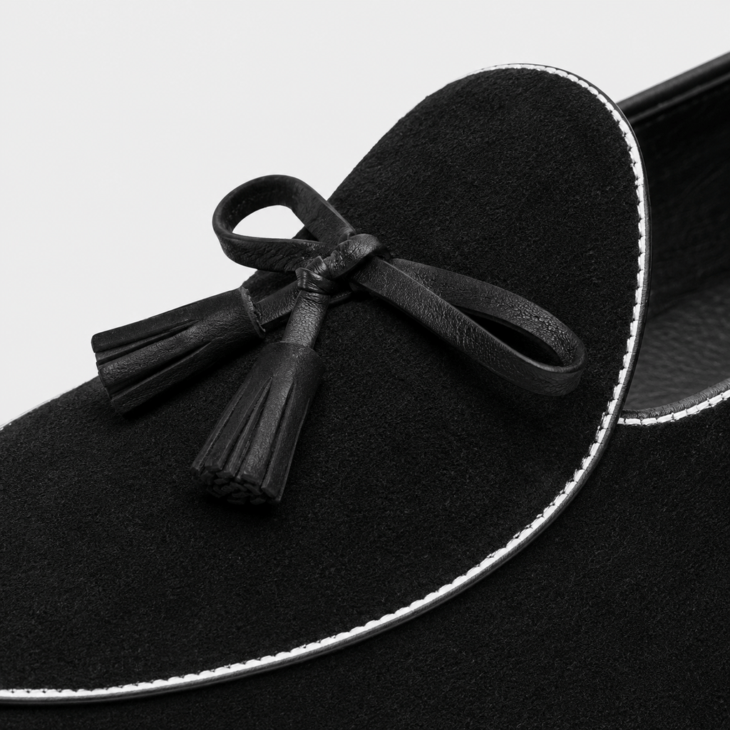 Ma boutique Mens Black Frosted Leather Tassel Loafers – British Style Pointed Toe Banquet Shoes