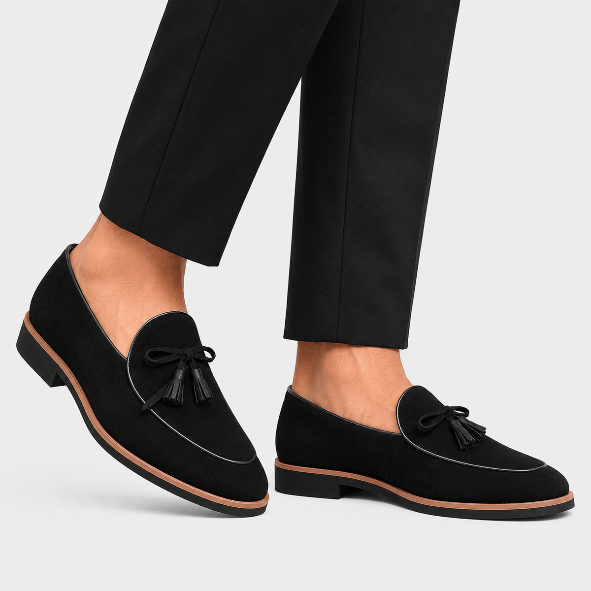 Ma boutique Mens Black Frosted Leather Tassel Loafers – British Style Pointed Toe Banquet Shoes