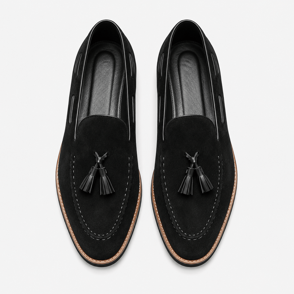 Ma boutique Mens Black Frosted Leather Tassel Loafers – British Style Pointed Toe Banquet Shoes