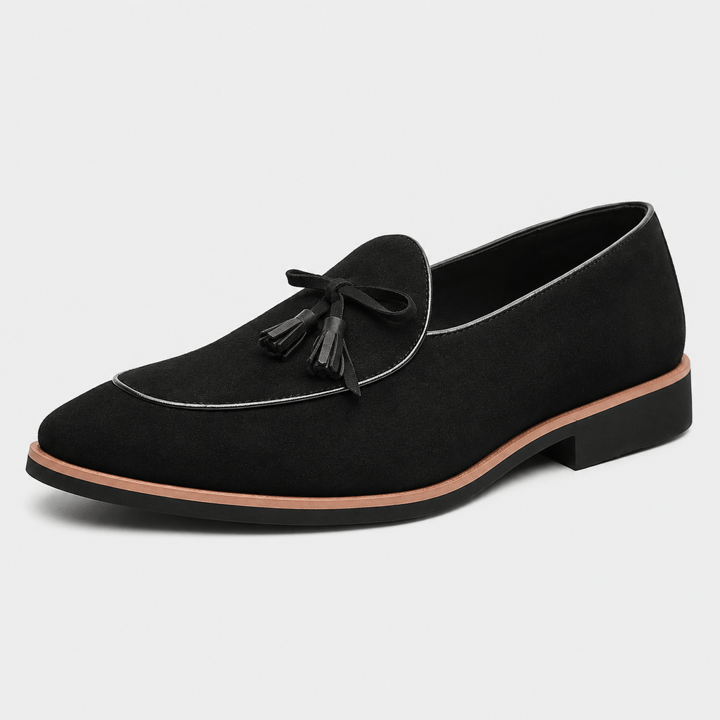 Ma boutique Mens Black Frosted Leather Tassel Loafers – British Style Pointed Toe Banquet Shoes