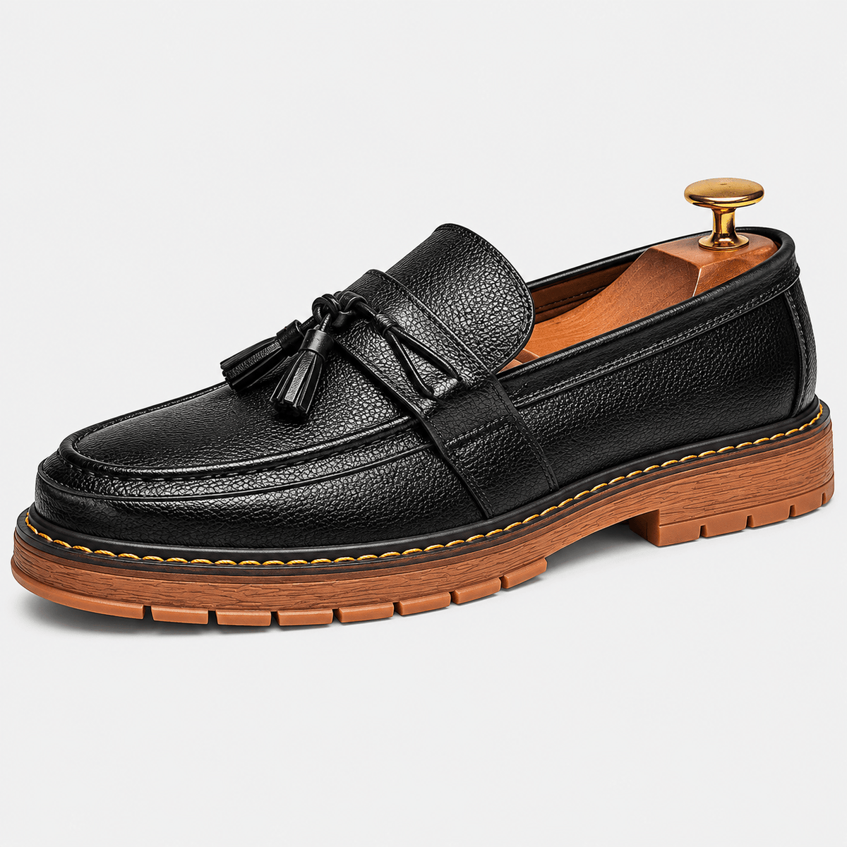 Ma boutique Mens Black Handmade Leather Loafers – British Retro Round Toe Fringe Slip-On Shoes