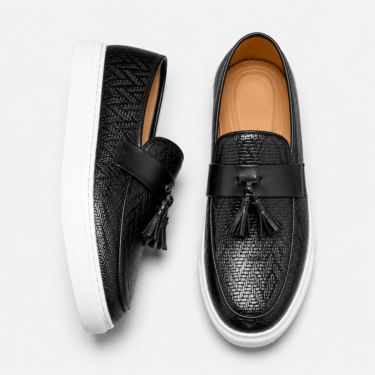 Ma boutique Mens Black Leather Tassel Loafers – Casual Driving Flat Shoes for Party & Wedding