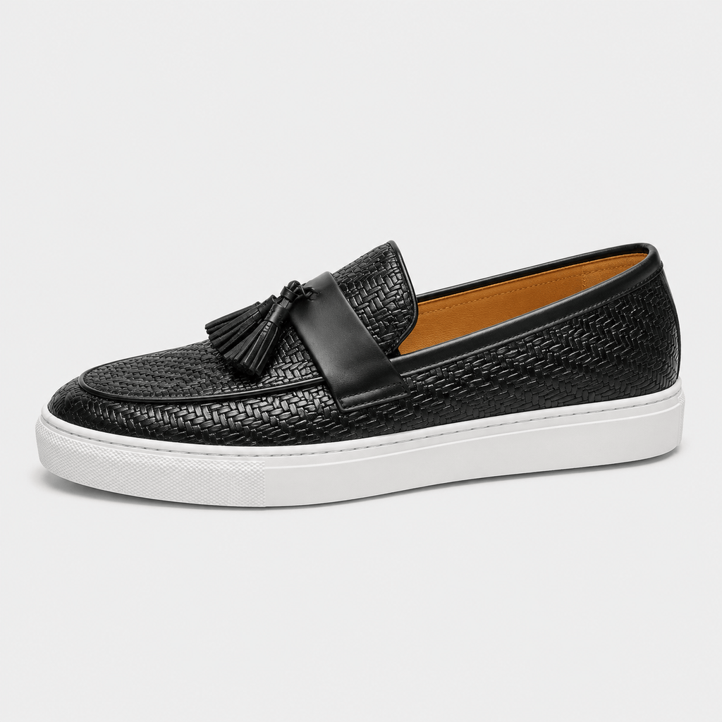 Ma boutique Mens Black Leather Tassel Loafers – Casual Driving Flat Shoes for Party & Wedding