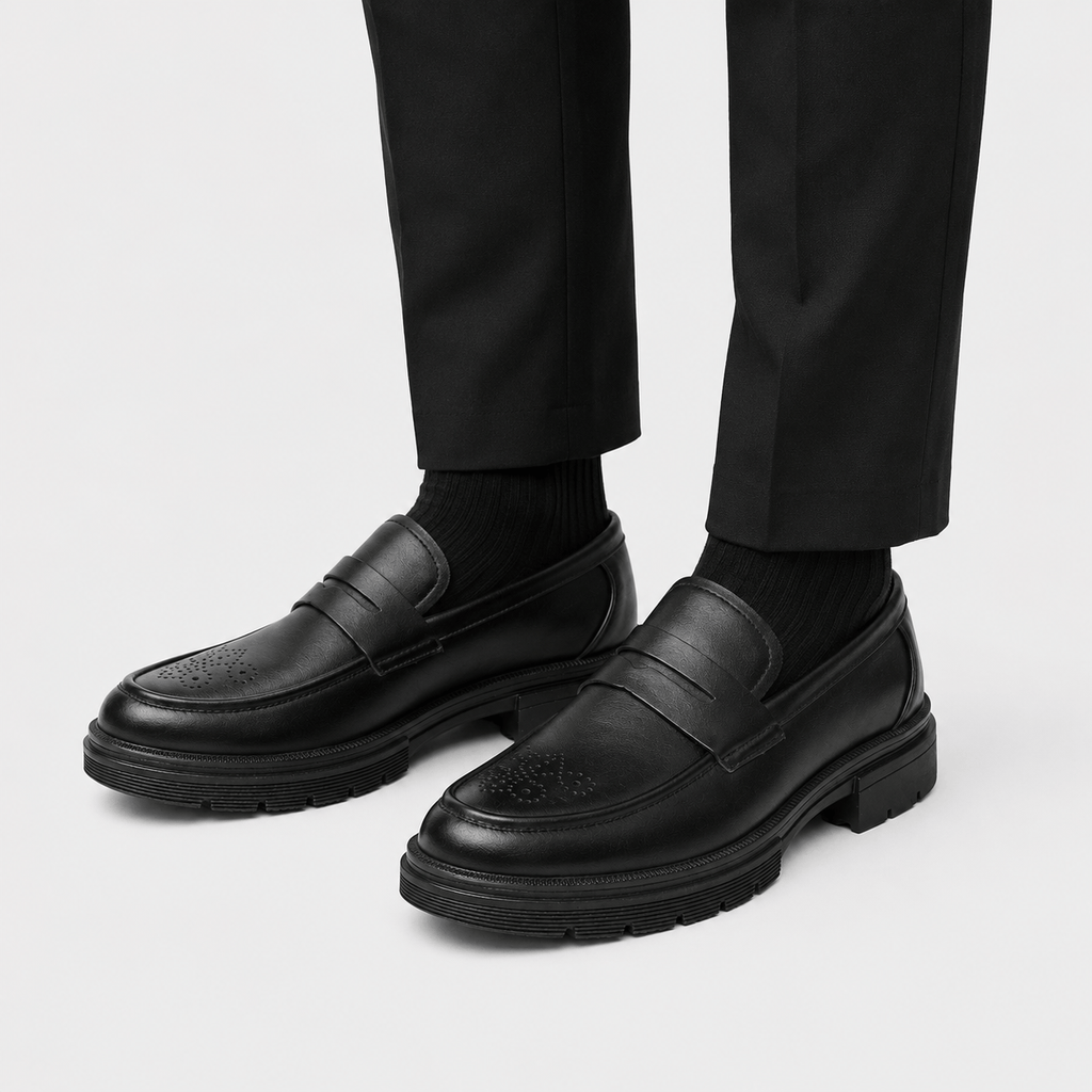 Ma boutique Mens Black Penny Loafers – Thick Sole Business Dress Shoes for Office & Smart Casual