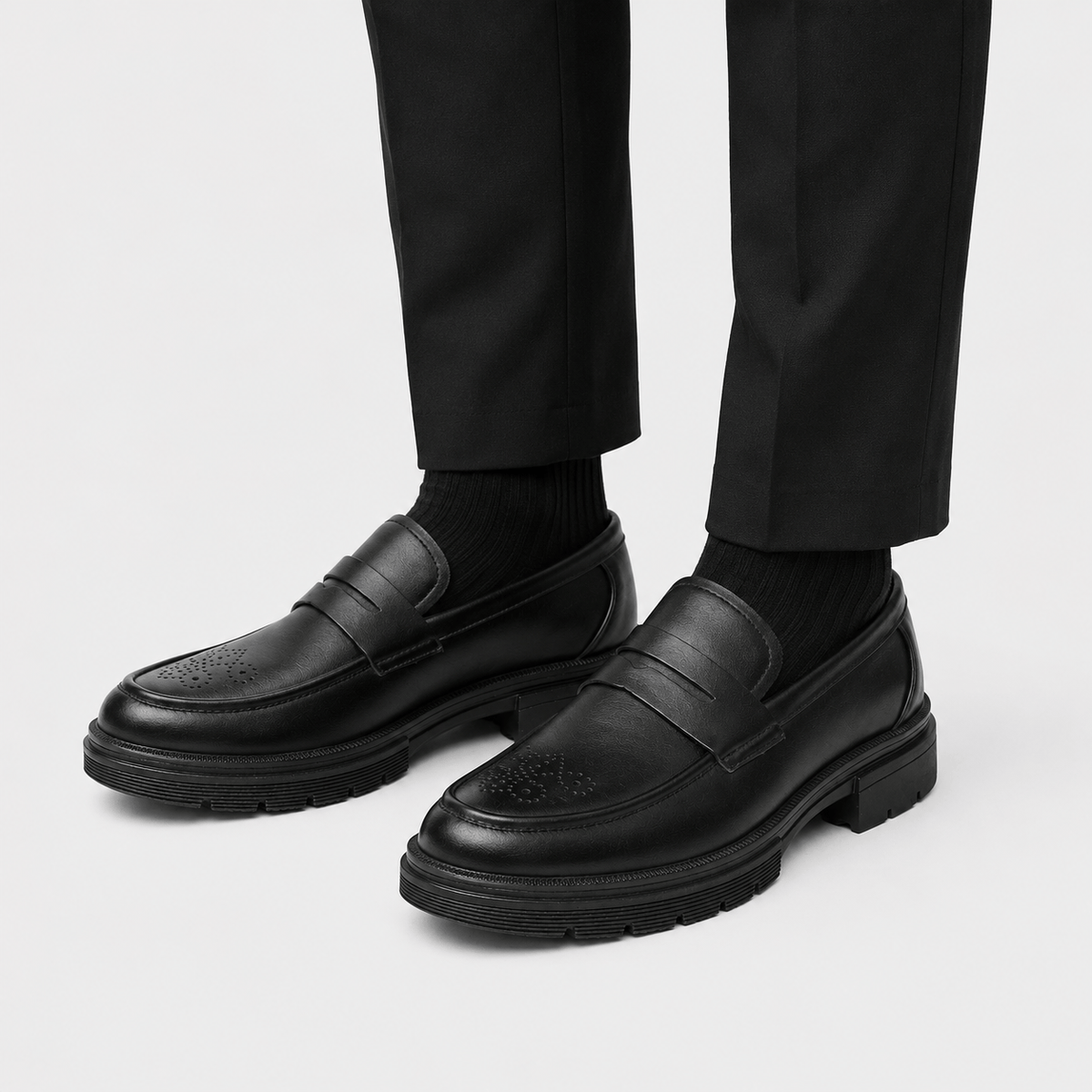 Ma boutique Mens Black Penny Loafers – Thick Sole Business Dress Shoes for Office & Smart Casual